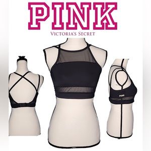 PINK VICTORIA SECRET🖤black w/ white logo halter mesh cris cross back sports bra